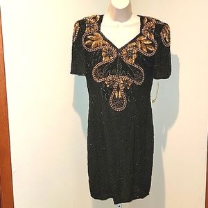 BEADED DRAMA BLACK SHPRY SLEEBE DRESS WITH BEADS & GOLD SEQUINS